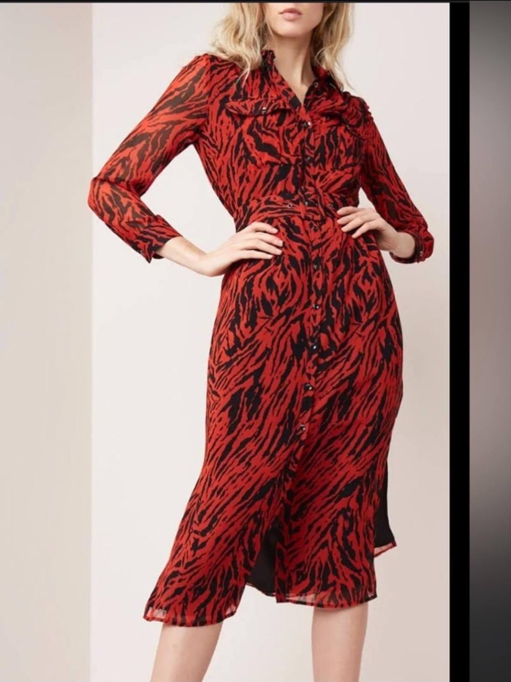 MINT VELVET Western Red Zebra Print Button Down Midi Dress